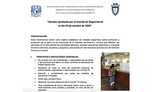 Facultad de Derecho UNAM- Acciones para dar cumplimiento a los Lineamientos para el Regreso a las Actividades Universitarias en el marco de la pandemia de COVID-19